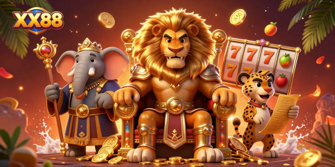 Experience the thrilling atmosphere at XX88 with a vibrant casino scene featuring slot games and cartoon characters.