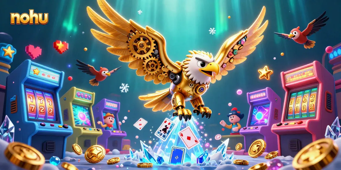 Nohu game experience featuring a golden eagle diving through holographic cards, showcasing thrilling casino elements.