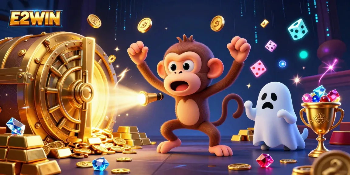 Experience E2WIN’s exciting gambling scene with a whimsical poltergeist monkey juggling golden objects.