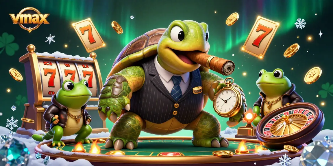 Experience thrilling gameplay at vmax with our cartoon turtle mobster in a vibrant casino setting.
