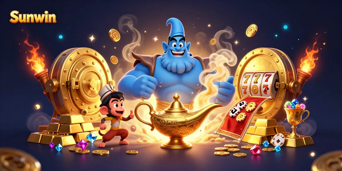 Sunwin brings excitement to online gambling with a magical scene featuring a genie, monkey, and poker chips.