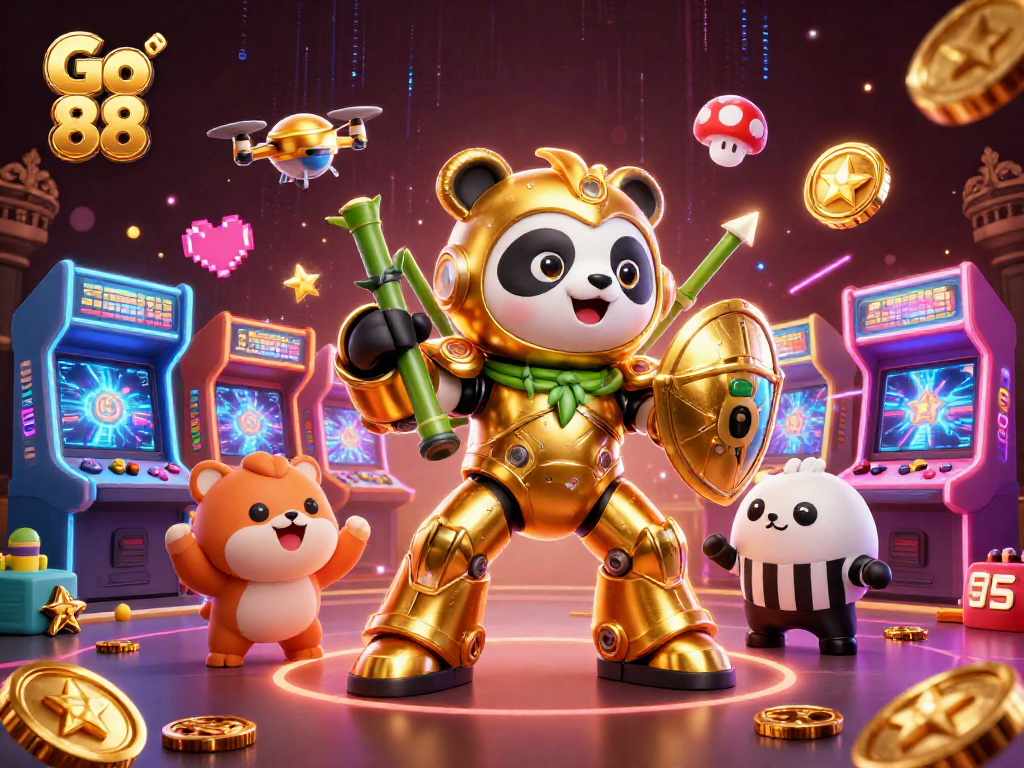 Engage with the dynamic Go 88 gaming arena, featuring a mech-suit panda and exciting arcade elements.