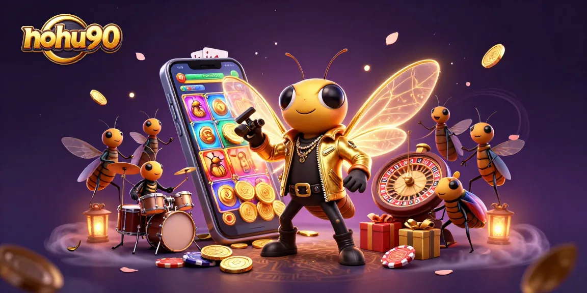 Nohu90 ignites excitement with a lively 3D illustration of a rock star cicada, colorful slot games, and vibrant casino elements.