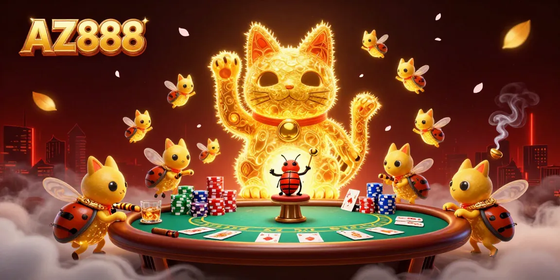 A lively AZ888-themed illustration featuring fireflies as a lucky cat amidst dynamic casino elements.