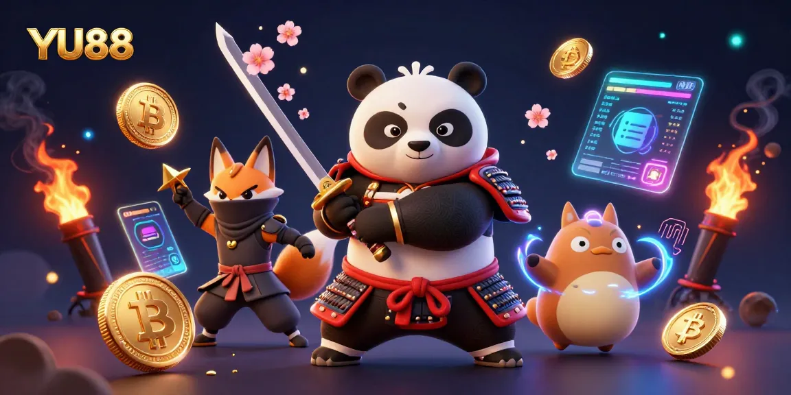 Engage with YU88 as the samurai panda battles alongside crypto elements in a vibrant casino fantasy scene.
