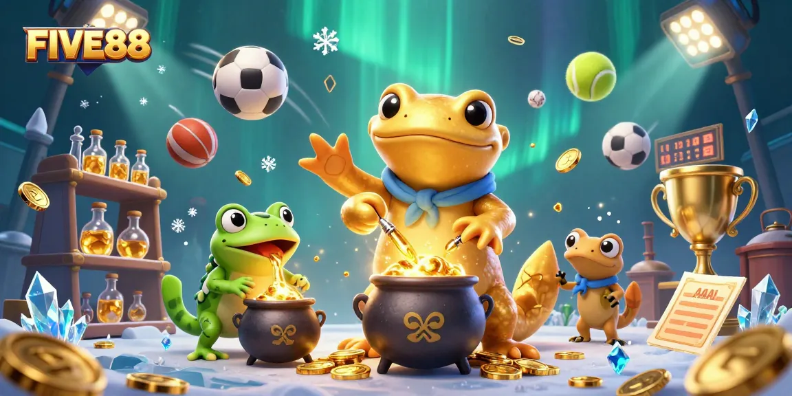 Engage with FIVE88's dynamic gaming experience featuring alchemists and gold coins in a vibrant casino environment.