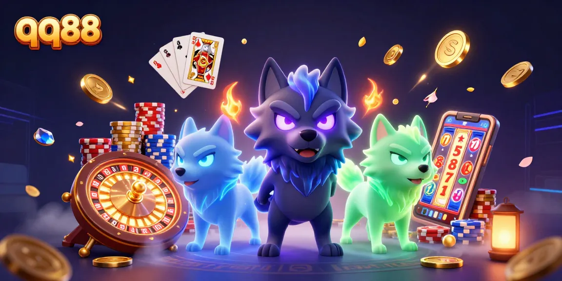 Experience thrills at qq88 with glowing wolves amidst casino treasures in a vibrant scene.