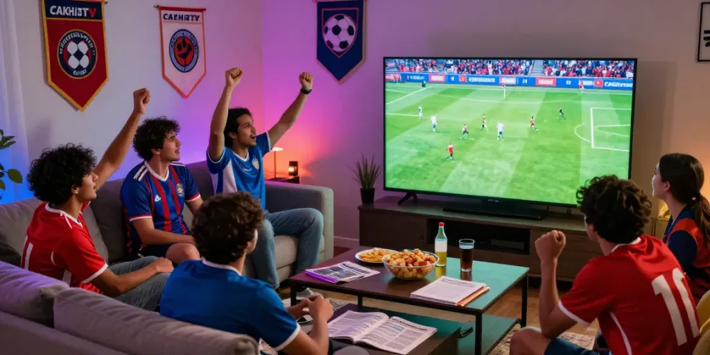 Fans enjoying a live CakhiaTV soccer match together, creating a vibrant atmosphere.