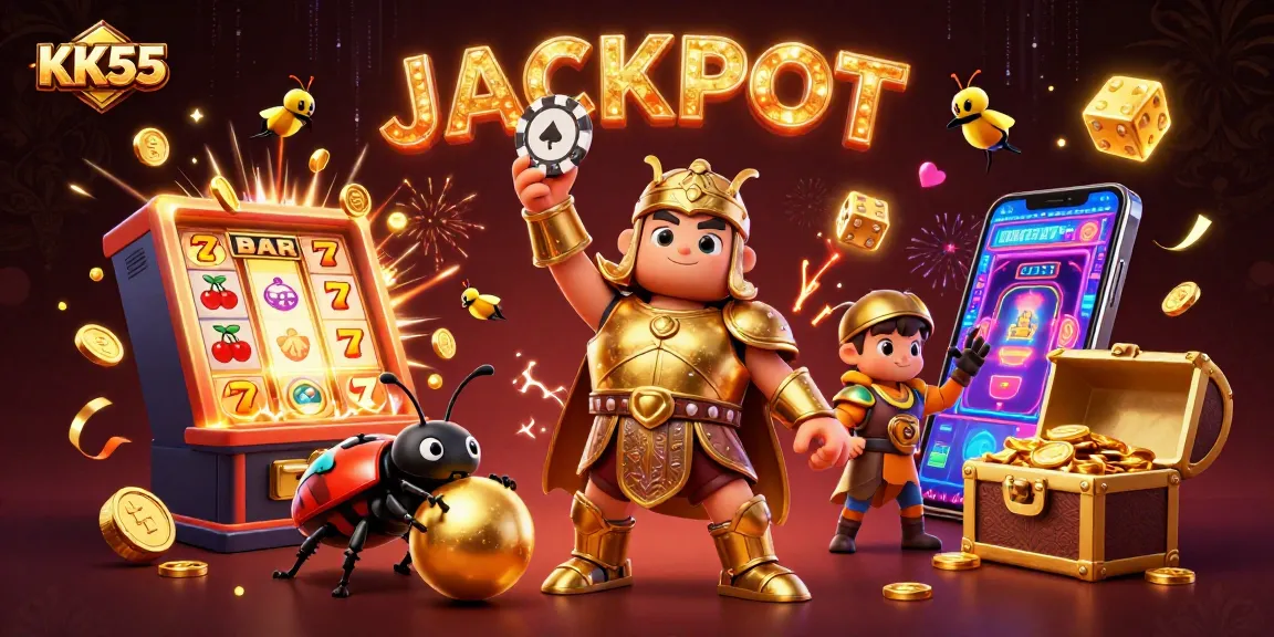 Engage with the excitement of KK55 through this vibrant 3D scene showcasing a victorious beetle with a poker chip, surrounded by casino elements.