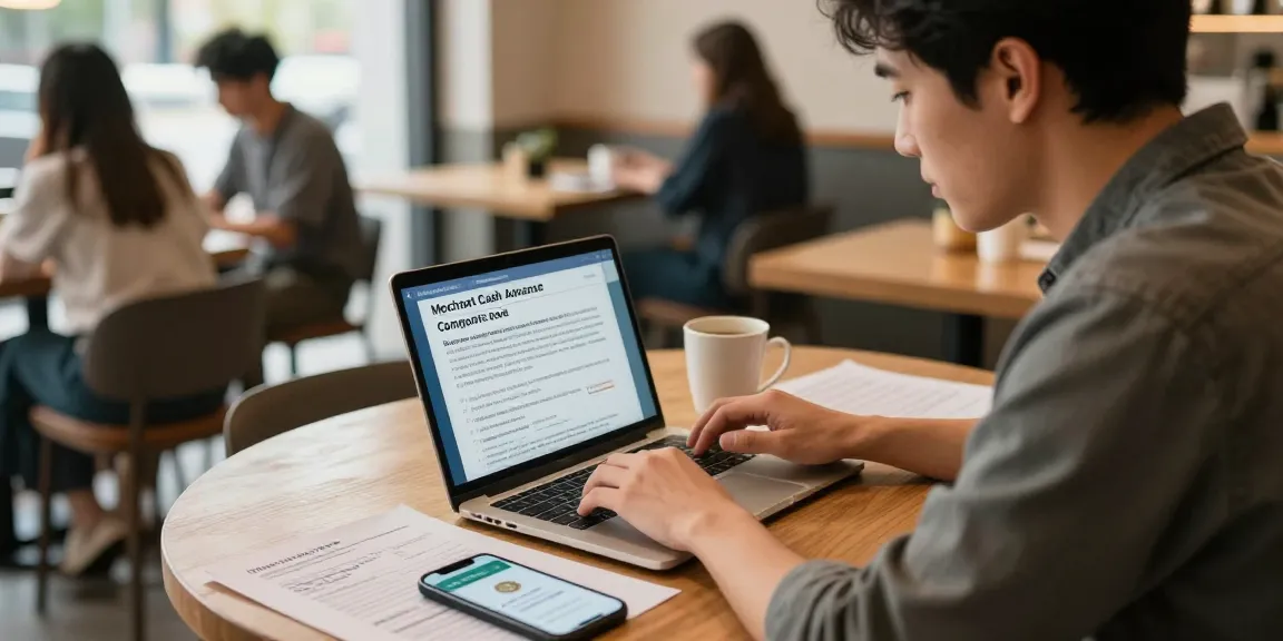 Business owner exploring options with merchant cash advance companies in a coffee shop.
