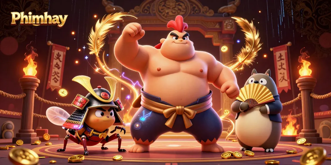 Experience thrilling play with Phimhay’s vibrant casino scene featuring a sumo rooster, samurai cricket, and tanuki announcer.