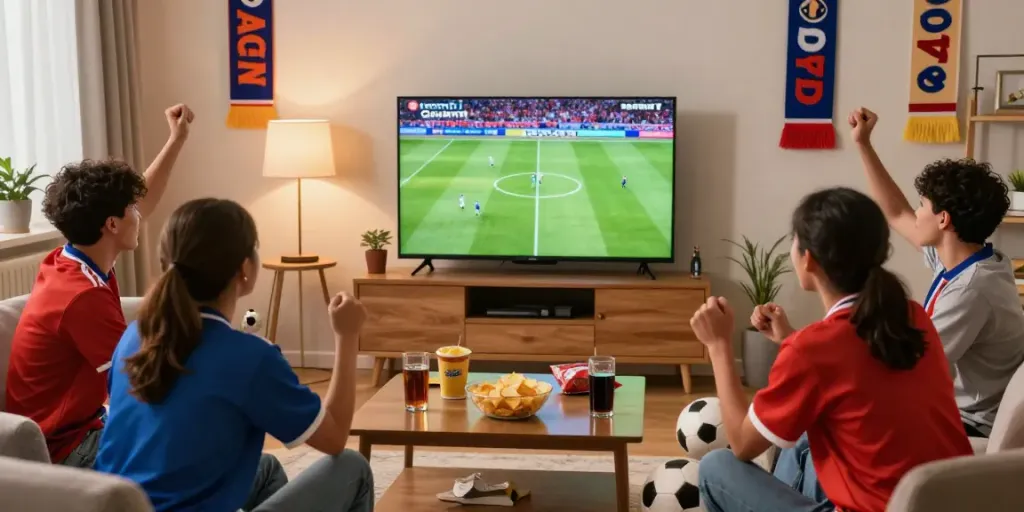 Friends enjoying a live football game on GavangTV in a cozy living room.