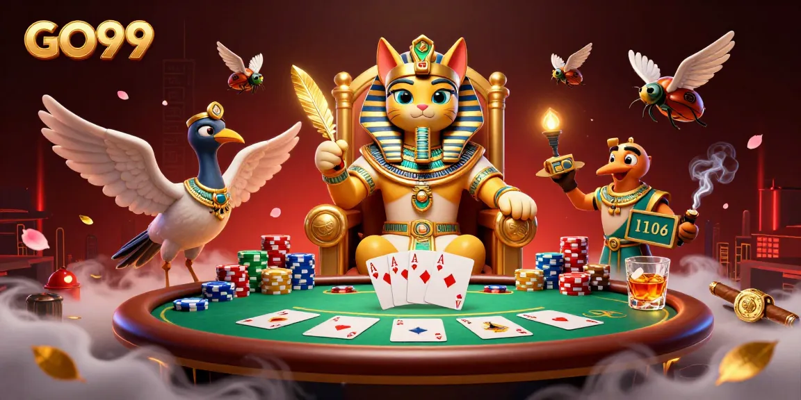 Engage in thrilling gameplay at GO99 with vibrant 3D illustration featuring a pharaoh cat and poker elements.