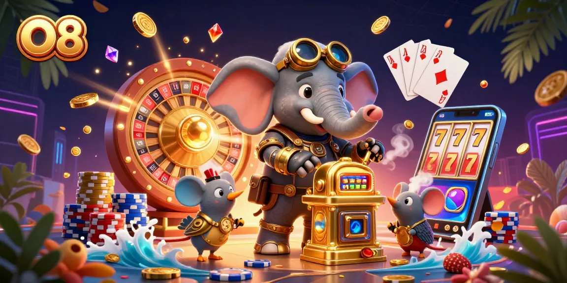 Engage with O8's vibrant casino scene, showcasing a steampunk elephant with a golden slot machine amidst thrilling game elements.