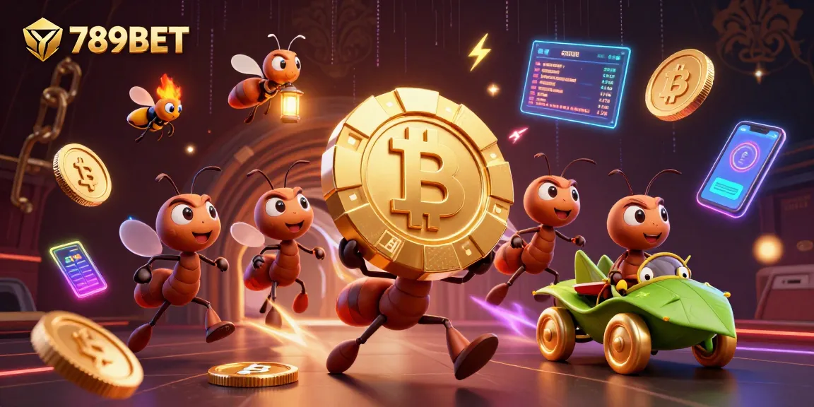Ants heist at 789BET, carrying a giant poker chip with crypto coins and holographic displays.