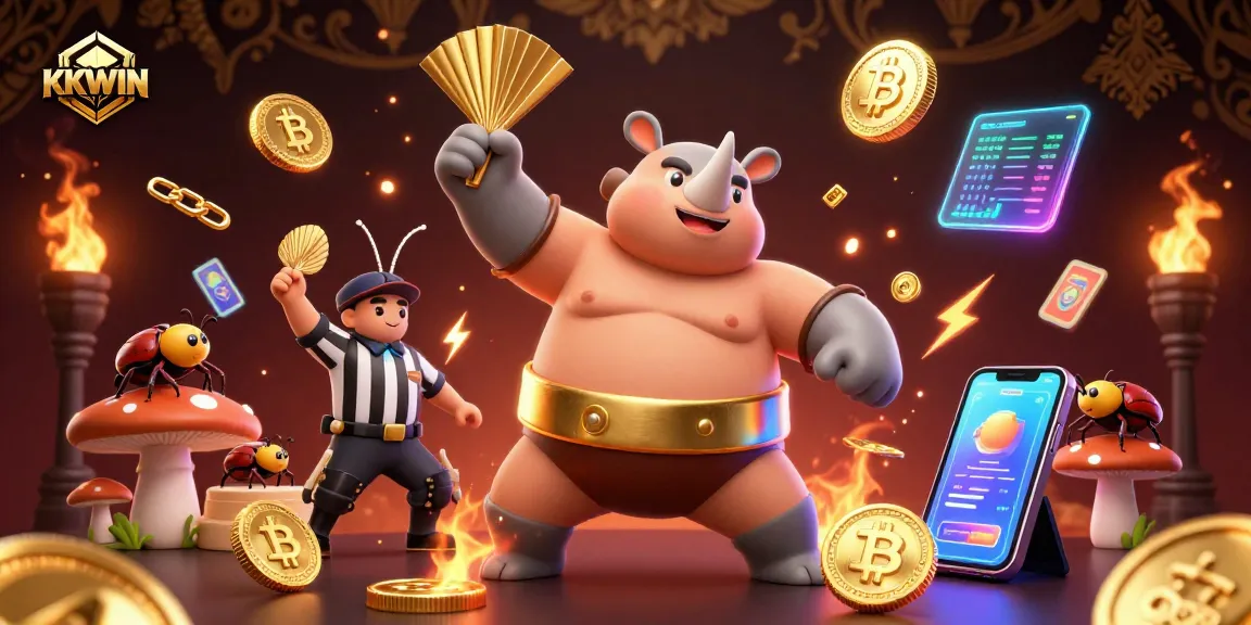 KKWIN’s thrilling scene shows a rhinoceros beetle champion amidst flying golden coins, capturing the excitement of online gambling.