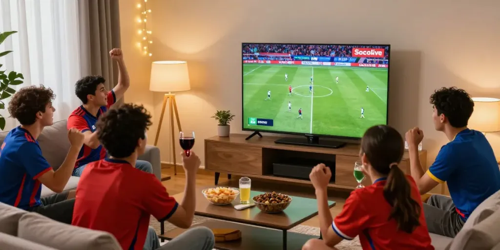 Fans enjoying a live soccer match on Socolive in a cozy setting.