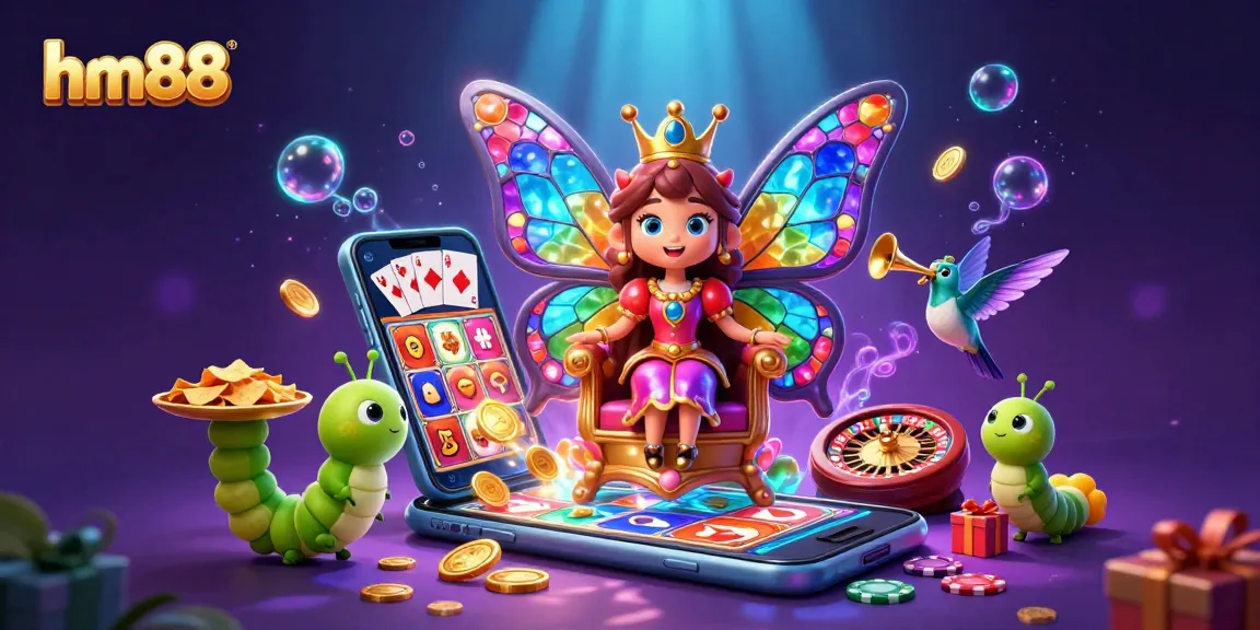 Experience vibrant hm88 gaming with a 3D butterfly queen, chips, and slot games in motion.