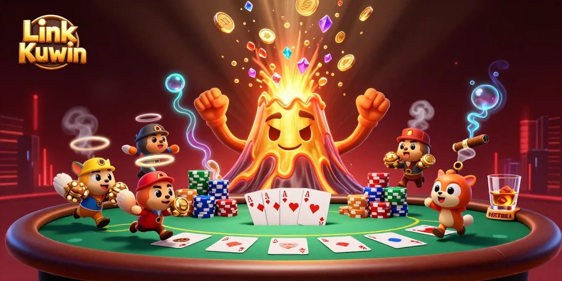 Experience the excitement of winning at Link Kuwin while playing with treasure-filled animated characters in a vibrant casino scene.
