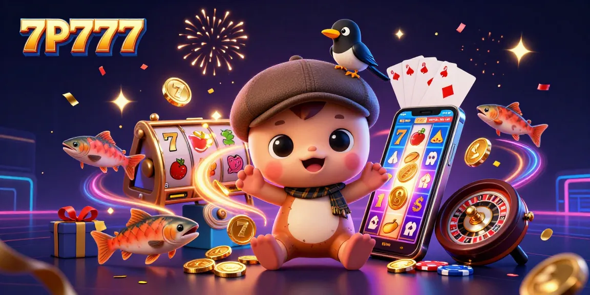 Spin to win with 7P777 in a vibrant casino scene featuring cartoon characters and slot game elements.