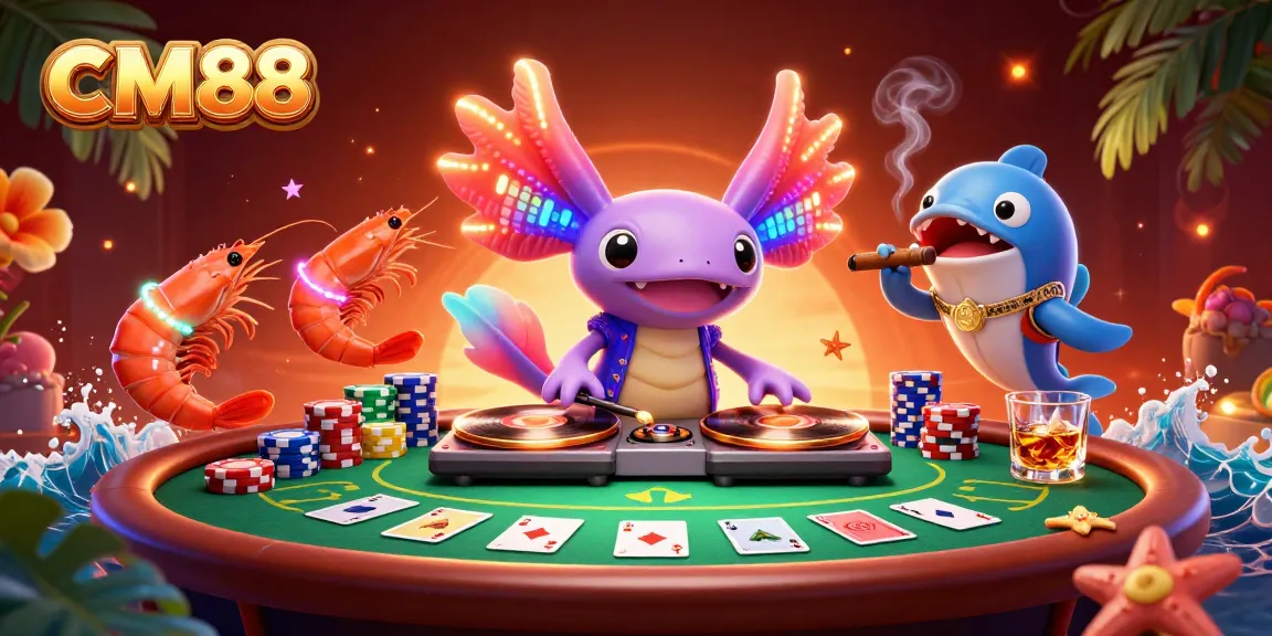Experience the excitement of CM88 with a vibrant 3D casino scene featuring an axolotl DJ and poker elements.