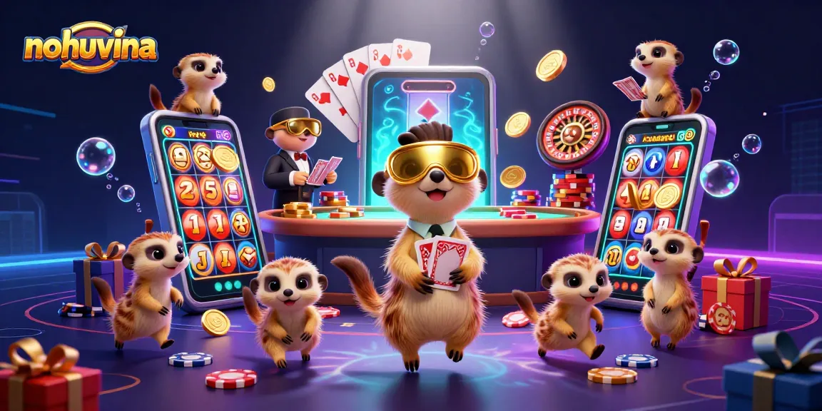 Engage with nohuvina's vibrant casino scene featuring animated meerkats running thrilling games.