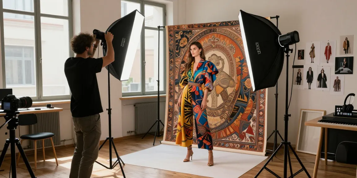 MaxArt studio fotografico cattura un servizio fotografico di moda con un fotografo e un modello in un ambiente creativo di studio.