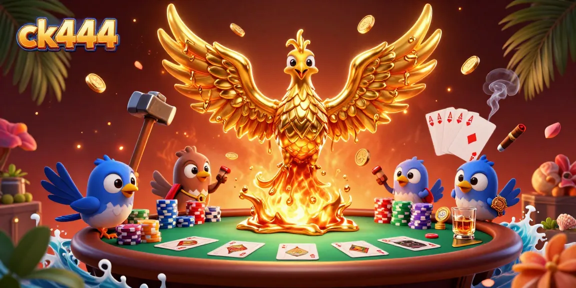 Engage with ck444's captivating gaming experience featuring a molten phoenix and poker action.