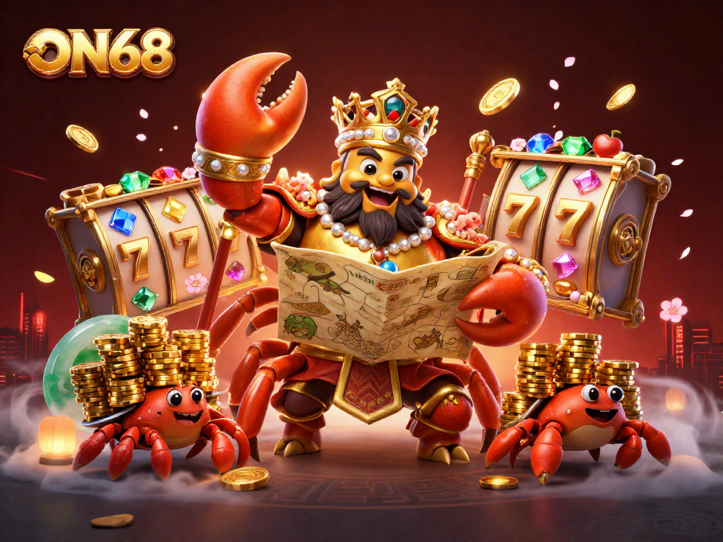 Experience the thrill of ON68's golden crab emperor amid rich casino elements, spinning jade coins, and cherry blossoms.