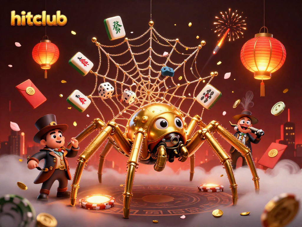 Experience thrilling action at hitclub with a charming steampunk spider and amusing fly gentleman in a dazzling casino web.