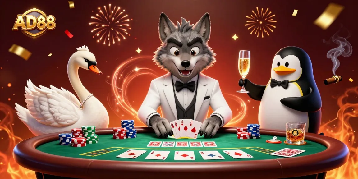 Experience the excitement at AD88 with a debonair wolf, elegant swan, and penguin celebrating wins in a lively casino scene.