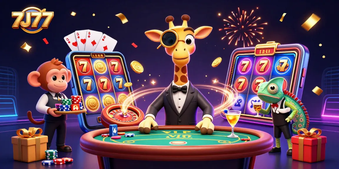 Engage with 7J777's vibrant casino scene featuring a high-roller giraffe, monkey valet, and chameleon bartender.