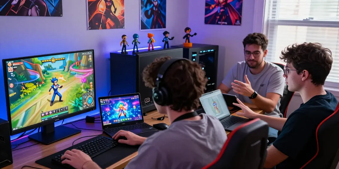 Players immersed in transformation porn games using laptops and tablets in a colorful gaming environment.