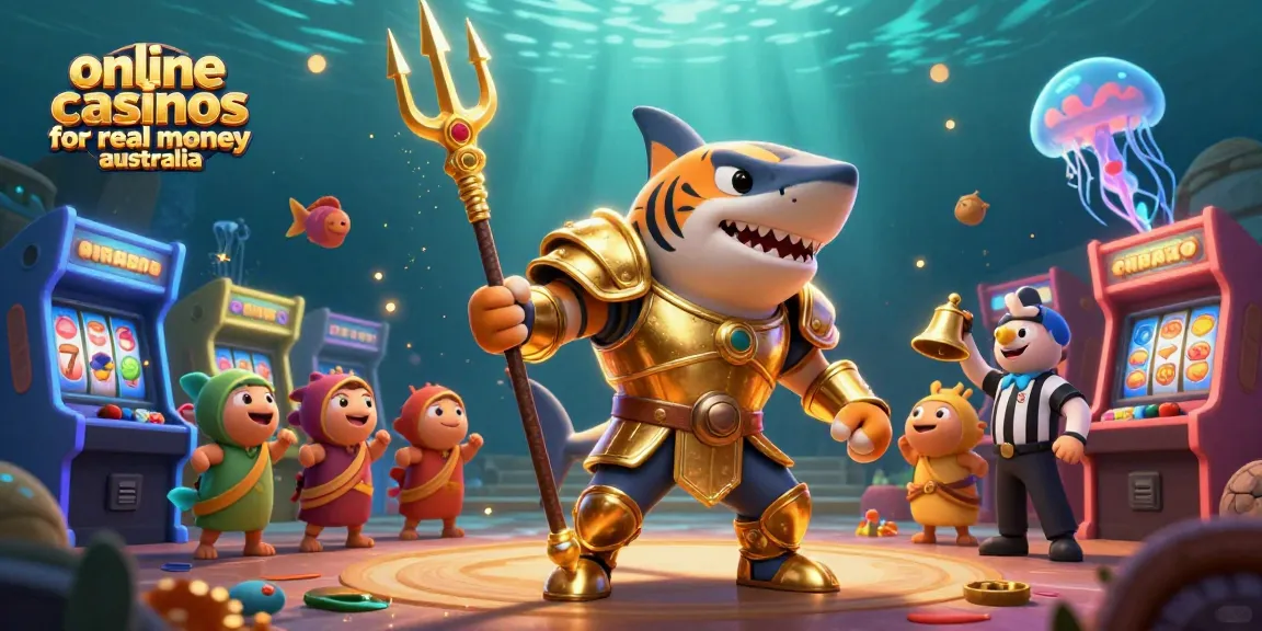 Experience online casinos for real money australia with a thrilling underwater scene featuring a gladiator shark and arcade elements