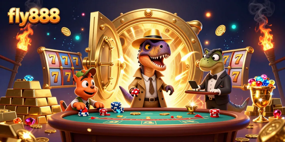 Experience excitement with fly888 at a lively casino scene featuring a velociraptor card counter, vibrant jewels, and slot elements.