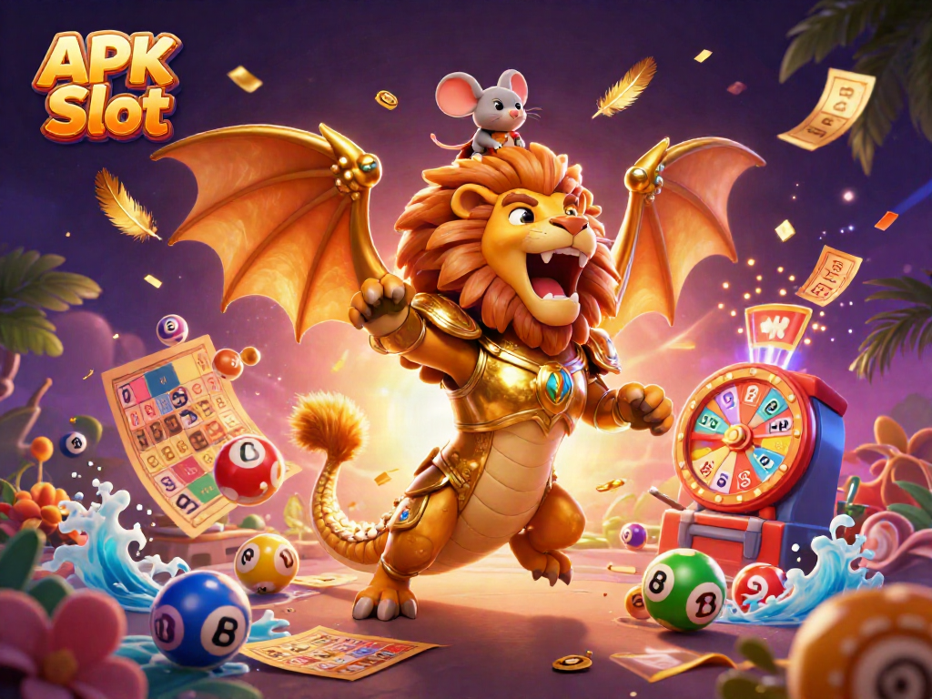 Win big with APK Slot, a dynamic 3D scene featuring vibrant casino elements and thrilling gameplay.