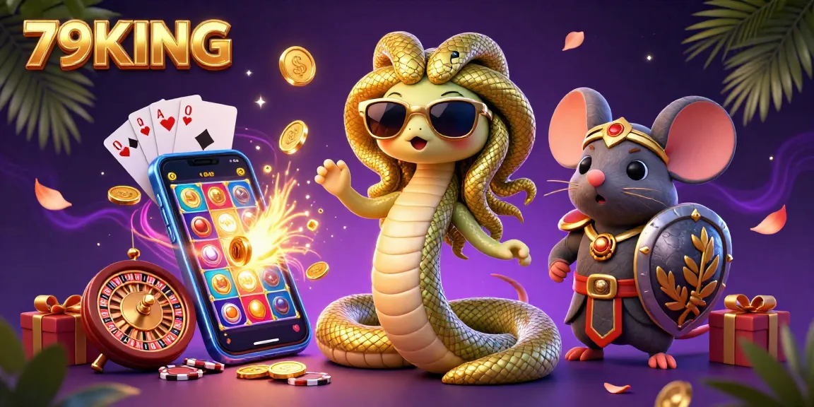 Play exciting slot games with 79KING featuring a friendly Medusa in a vibrant casino scene.