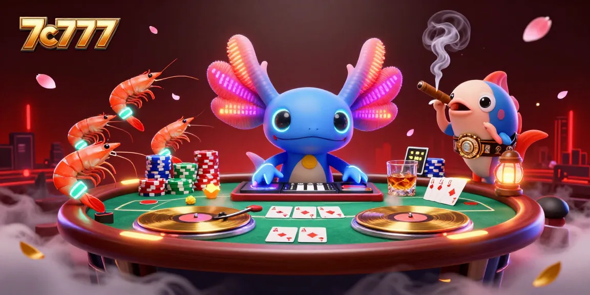 Experience the thrill of 7c7777 with a vibrant casino scene showcasing animated characters and poker elements.