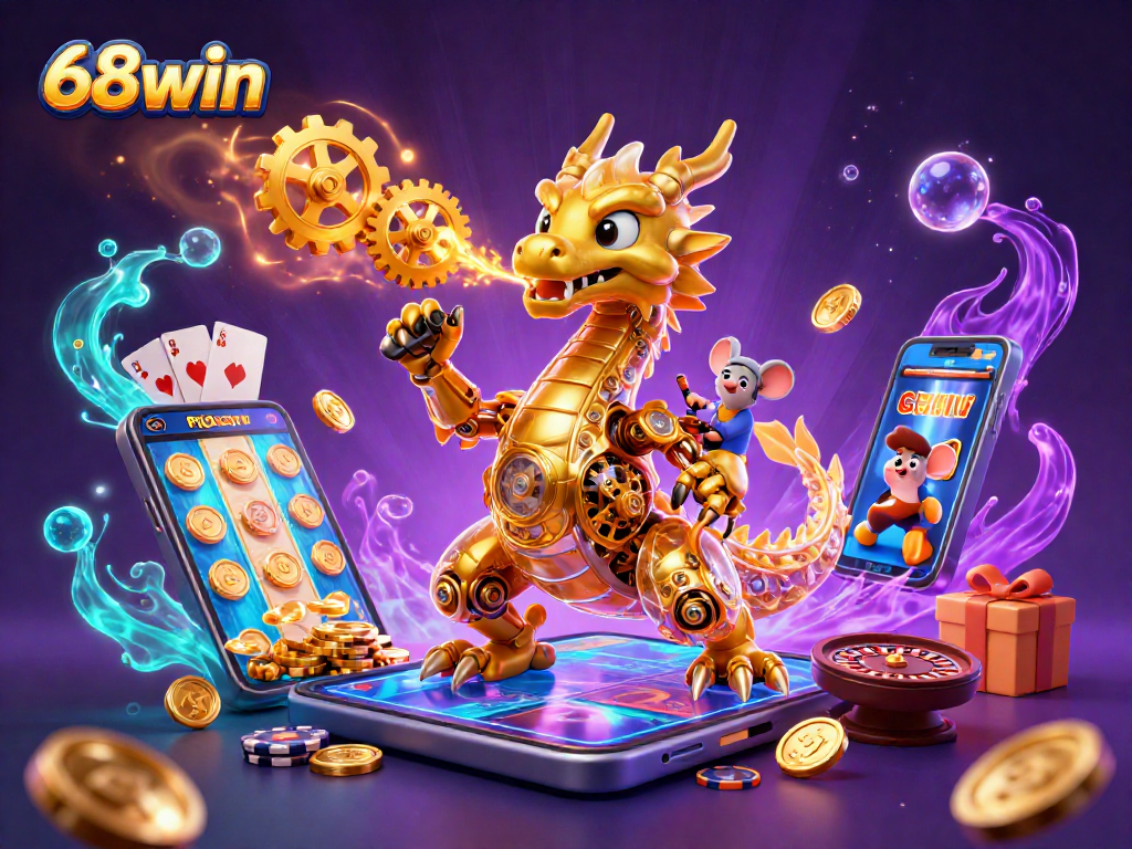 Experience the excitement of 68win with a golden dragon and engaging casino elements around