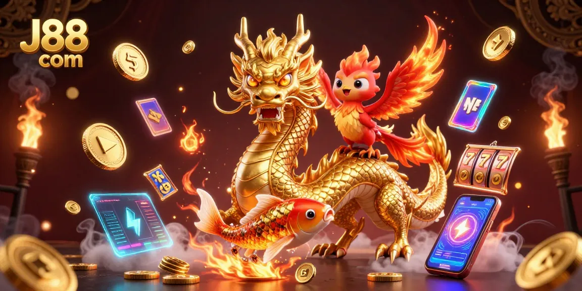 Engage with J88 com in a colorful casino world featuring a golden dragon, phoenix, and koi fish amidst vibrant gaming elements.