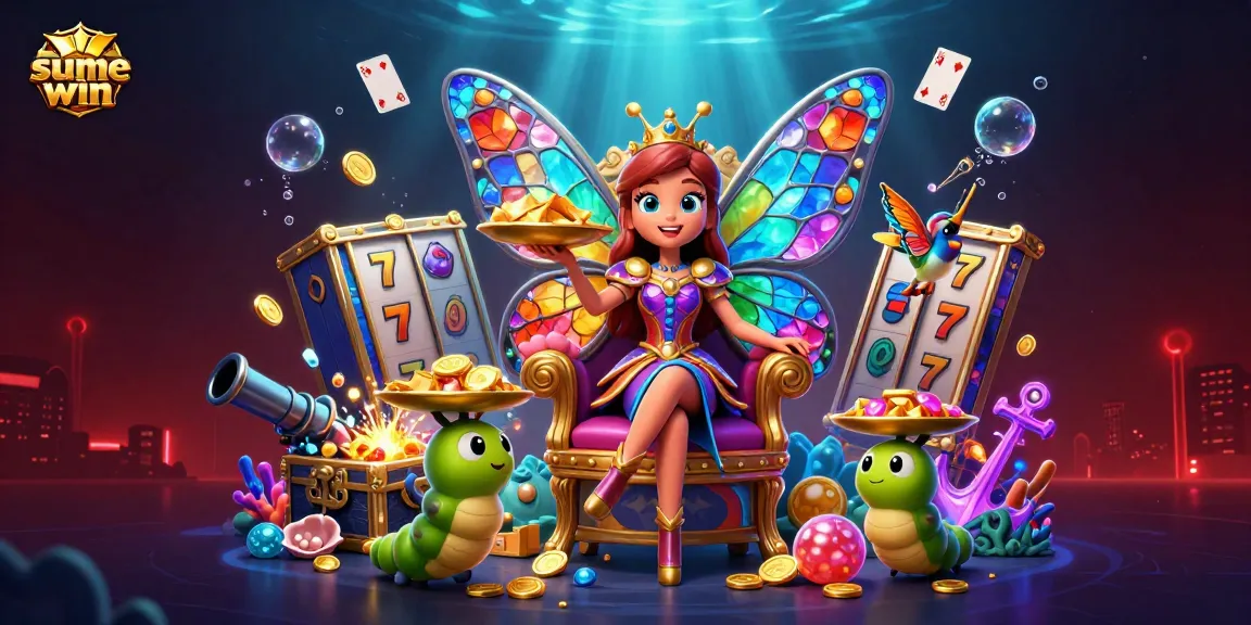 Experience the excitement of Sunwin with vibrant slot game elements and a whimsical casino scene.