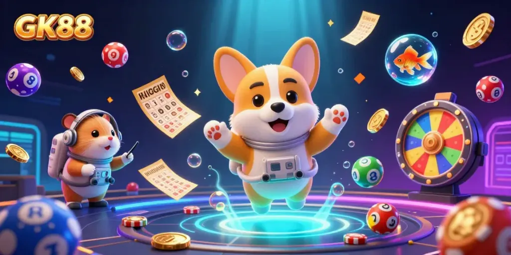 Gamble with excitement at GK88 featuring a cartoon astronaut corgi and dynamic casino elements.