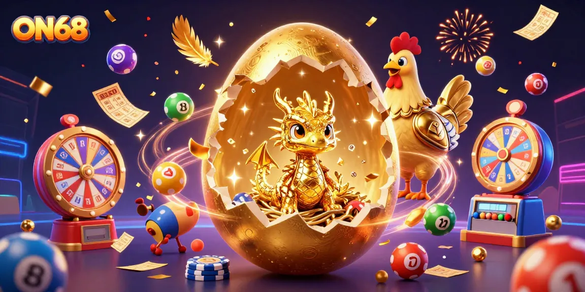 Experience the excitement of ON68 with a golden baby dragon, poker chips, and vibrant lottery elements!
