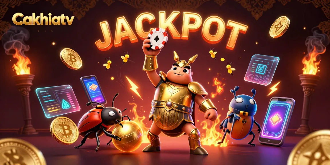 Cakhiatv showcases a victorious beetle lifting a poker chip amidst dynamic gambling elements enhancing the excitement.