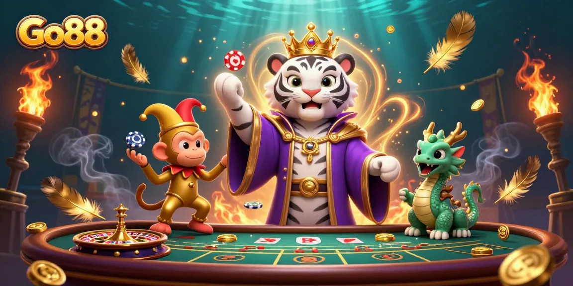 Engage in thrilling gameplay at Go88 with a captivating 3D illustration of a tiger and playful monkey celebrating casino victories.