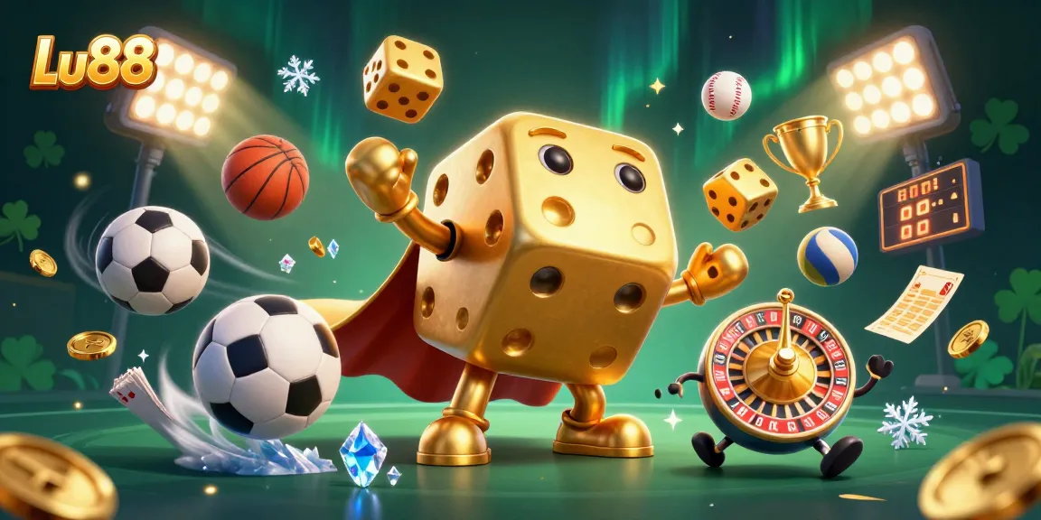 Experience excitement with Lu88 as a golden dice golem juggles winning dice and sports elements.