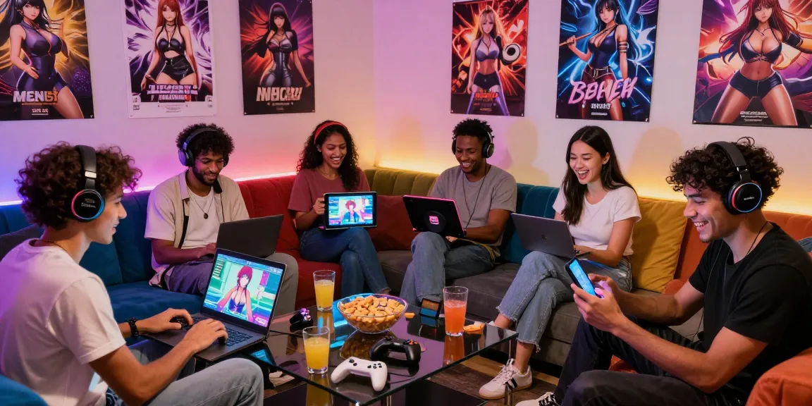 Group enjoying a hentai game in a vibrant gaming lounge setting with diverse players.